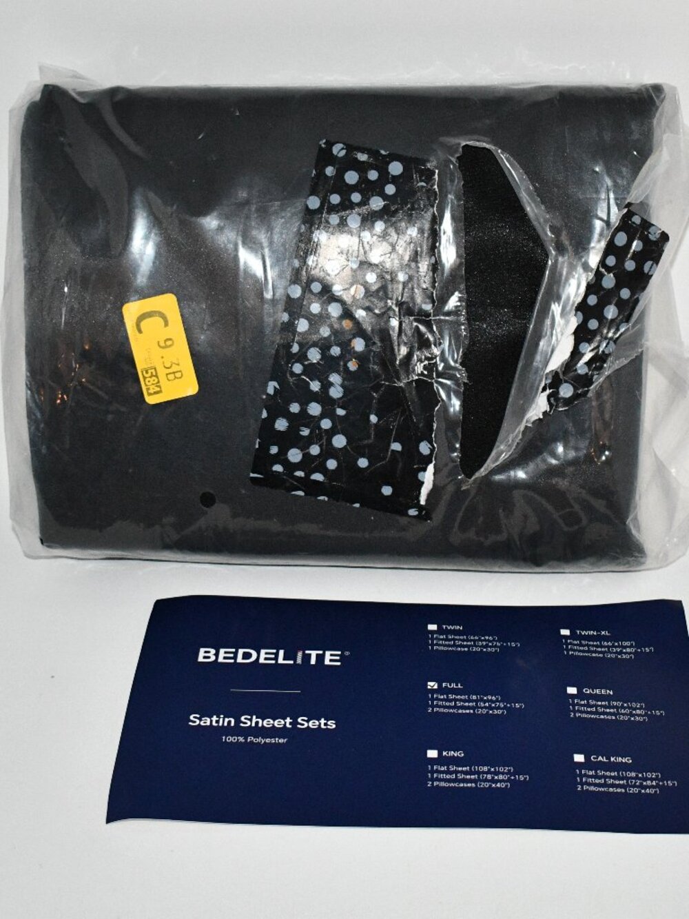 BEDELITE Satin Fitted Sheet & Pillowcase Set, Full Size, Black, 3-Piece, 15" Dee